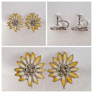 Sterling Silver Enamel Marcasite Flower Screw Back Non-Pierced Earrings